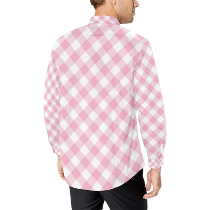 Gingham Pink Pattern Print Design 02 Men's Long Sleeve Shirt