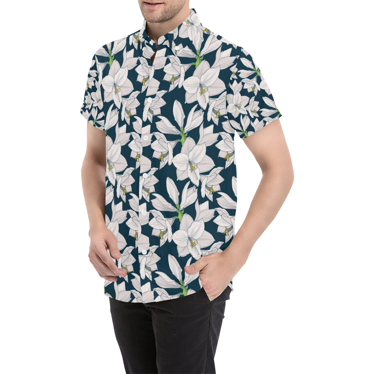 Amaryllis Pattern Print Design AL02 Men's Short Sleeve Button Up Shirt