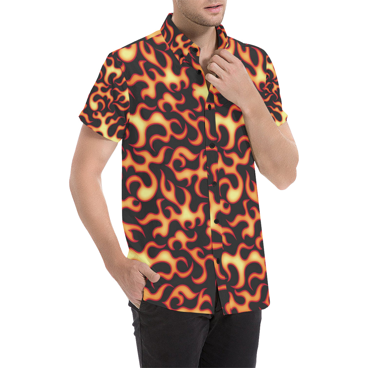 Flame Fire Themed Print Men's Short Sleeve Button Up Shirt