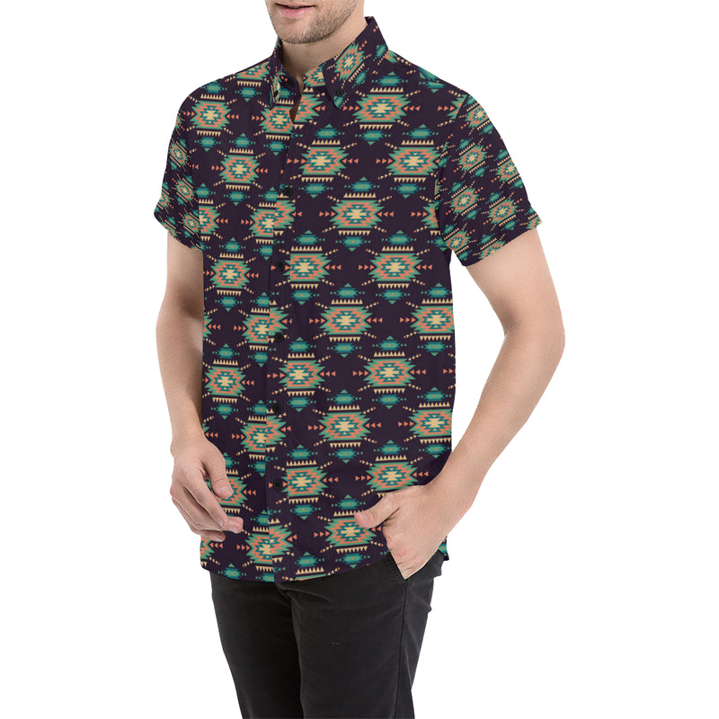 Navajo Geometric Style Print Pattern Men's Short Sleeve Button Up Shirt