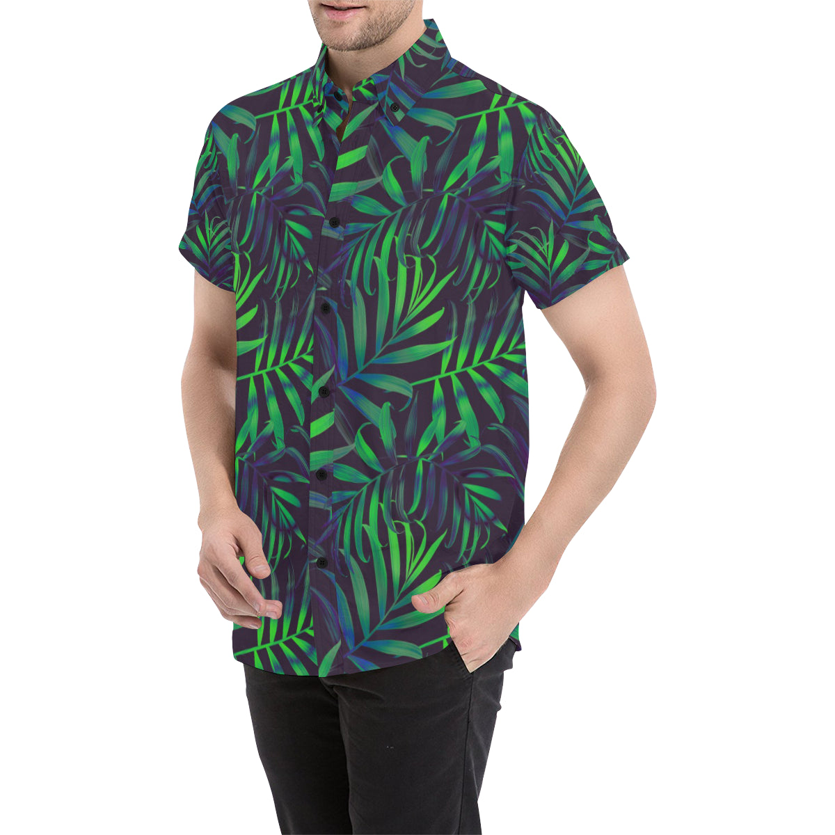 Palm Leaves Pattern Print Design PL01 Men's Short Sleeve Button Up Shirt