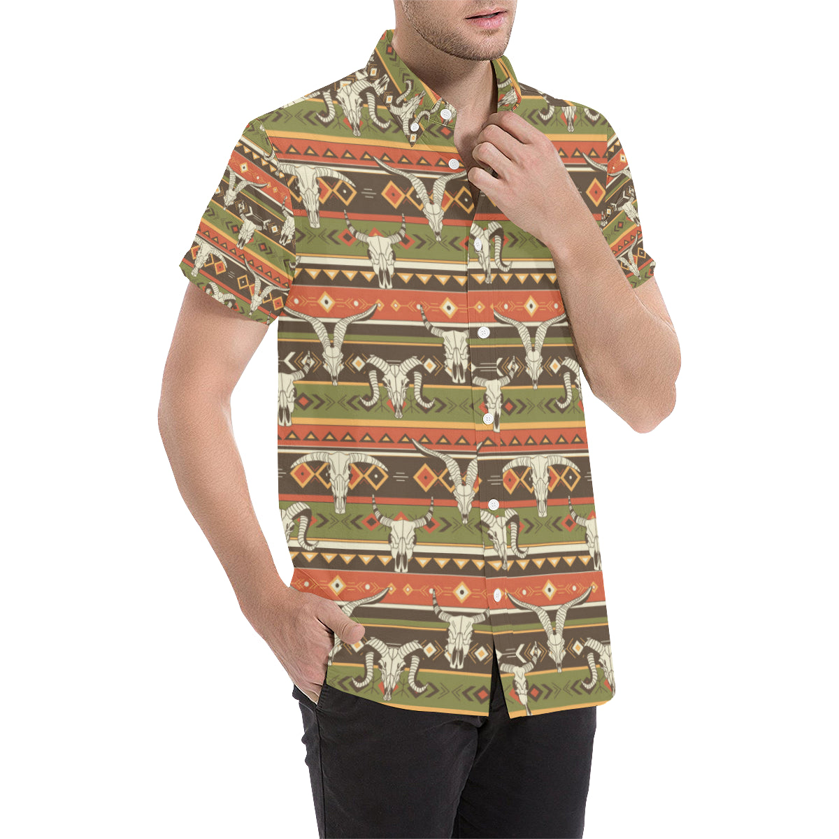 American indian Skull Animal Men's Short Sleeve Button Up Shirt