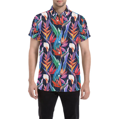Tropical Flower Pattern Print Design TF023 Men's Short Sleeve Button Up Shirt