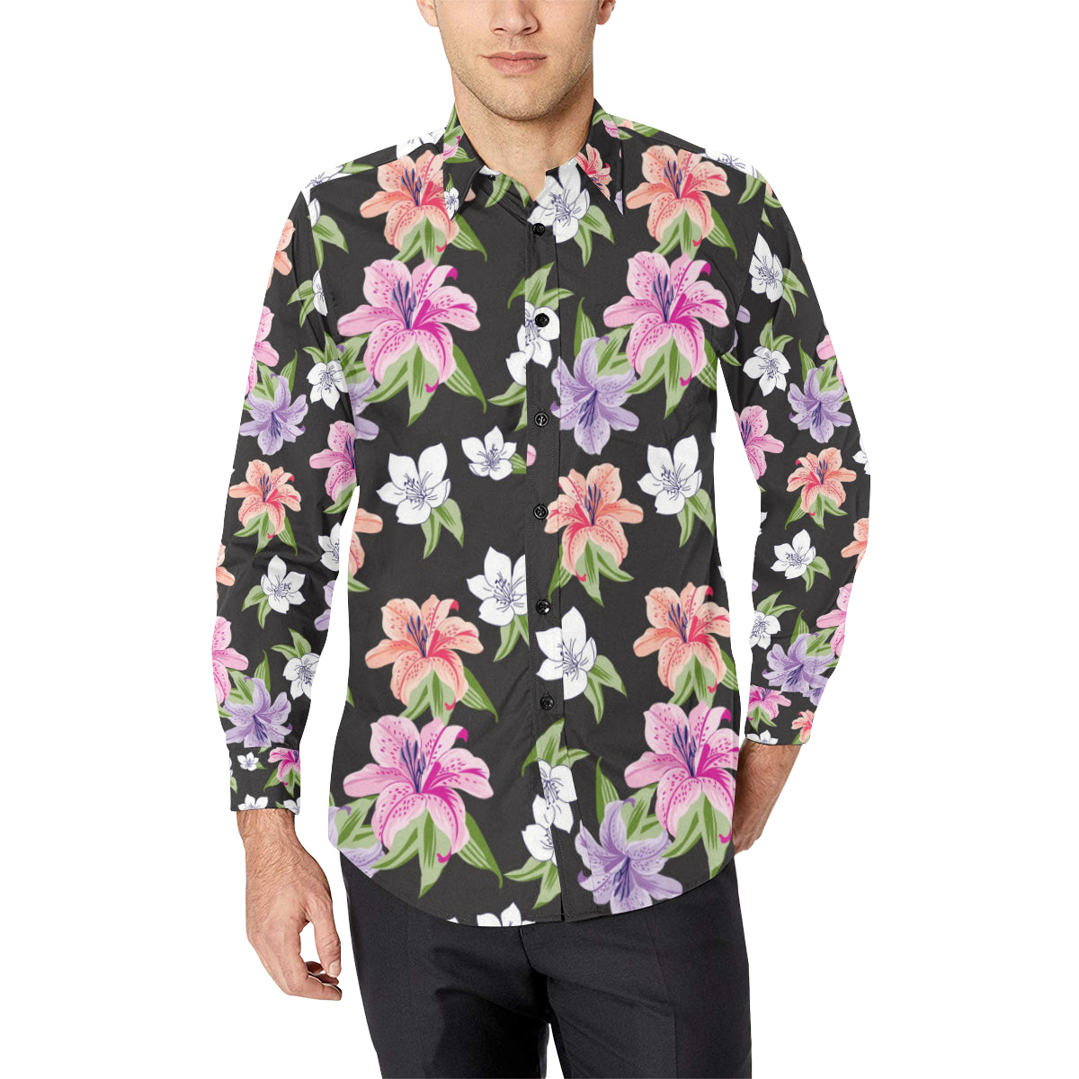 Lily Pattern Print Design LY02 Men's Long Sleeve Shirt