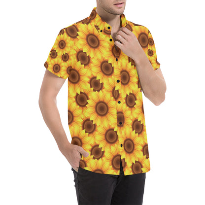 Sunflower Pattern Print Design SF07 Men's Short Sleeve Button Up Shirt