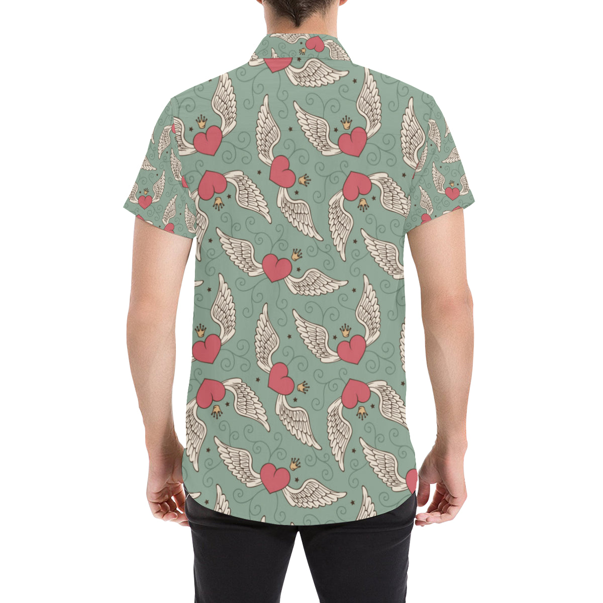 Angel Wings Heart Design Themed Print Men's Short Sleeve Button Up Shirt