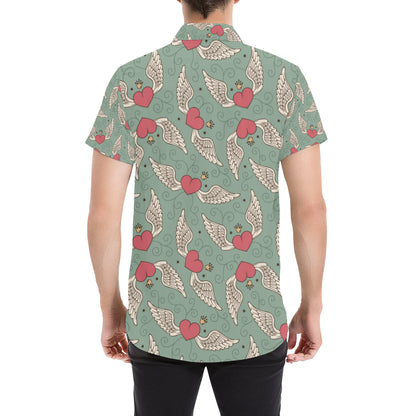 Angel Wings Heart Design Themed Print Men's Short Sleeve Button Up Shirt
