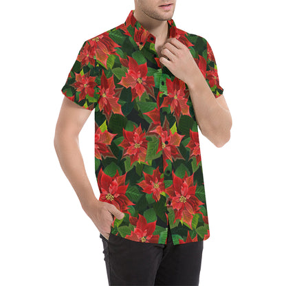 Poinsettia Pattern Print Design POT04 Men's Short Sleeve Button Up Shirt
