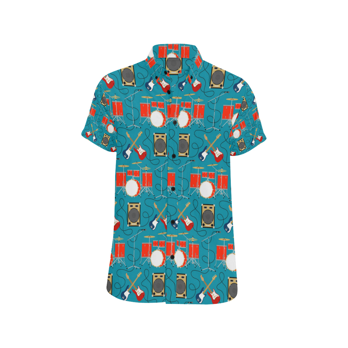 Drum Set Guitar Pattern Print Design 02 Men's Short Sleeve Button Up Shirt