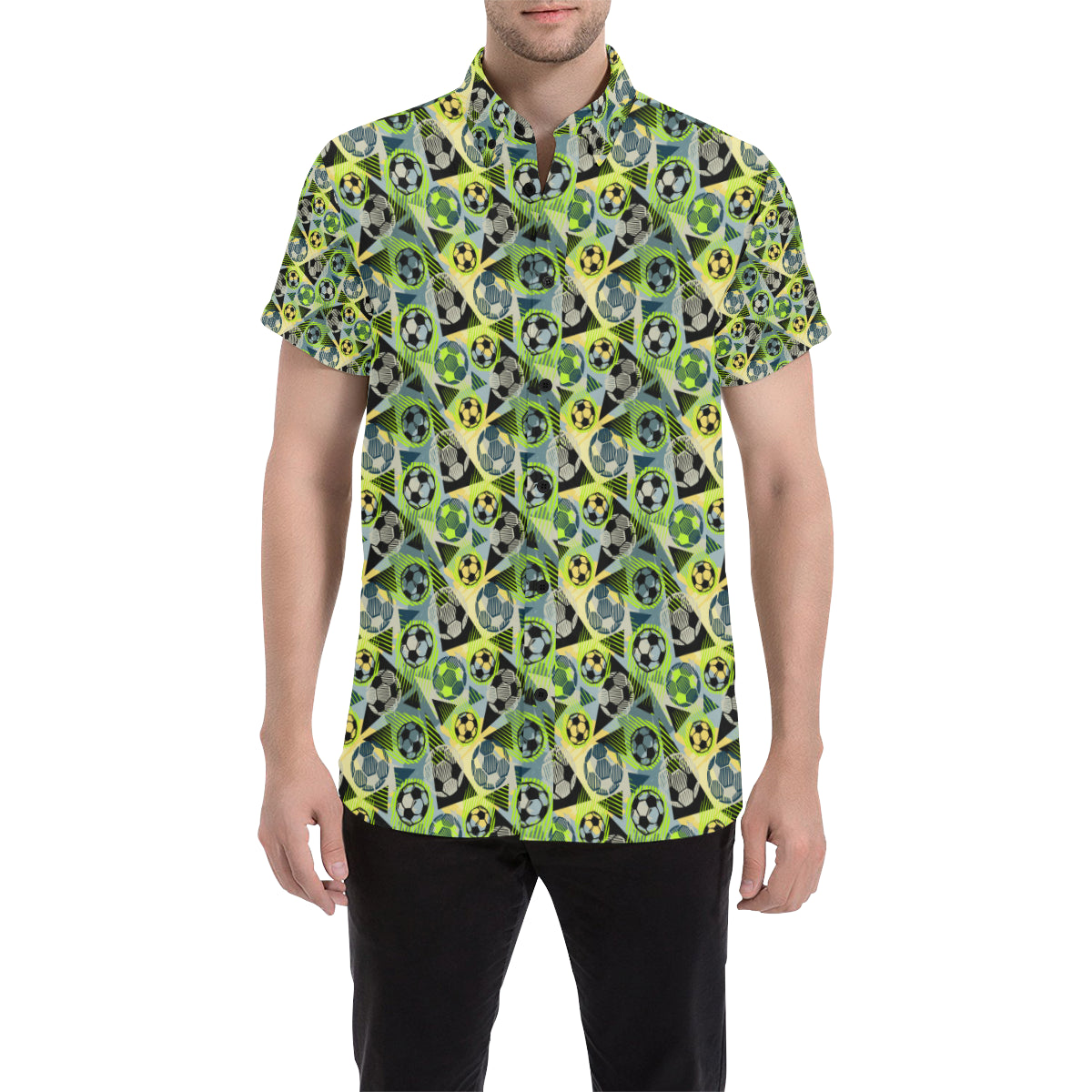 Soccer Ball Themed Print Pattern Men's Short Sleeve Button Up Shirt