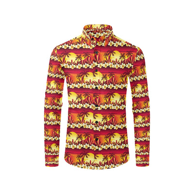 Hawaiian Tropical Sunset Hibiscus Print Men's Long Sleeve Shirt