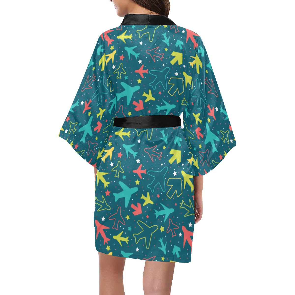 Airplane Pattern Print Design 05 Women's Short Kimono