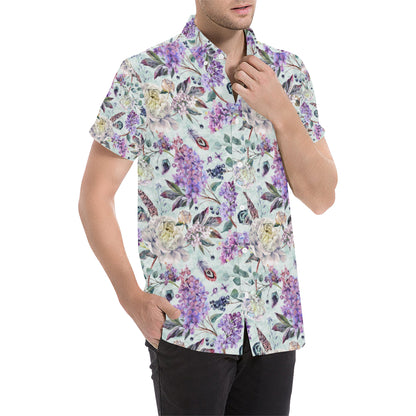 Lilac Pattern Print Design LI06 Men's Short Sleeve Button Up Shirt