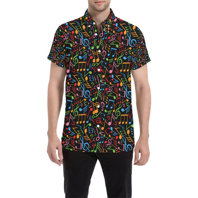 Music Note Colorful Themed Print Men's Short Sleeve Button Up Shirt