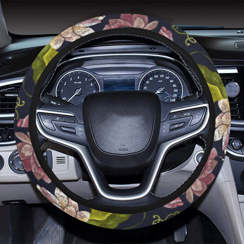 lotus Embroidered Pattern Print Design LO06 Steering Wheel Cover with Elastic Edge