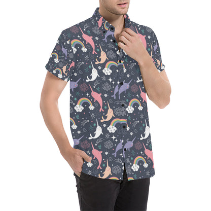 Narwhal Pattern Print Design 01 Men's Short Sleeve Button Up Shirt