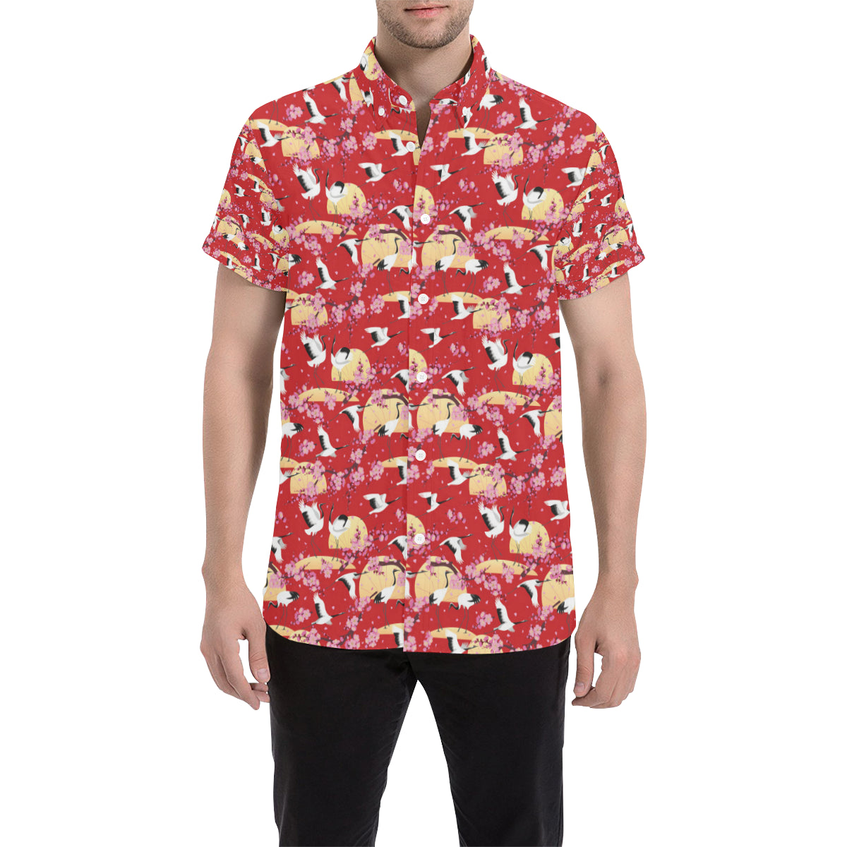 Crane Pattern Print Design 04 Men's Short Sleeve Button Up Shirt