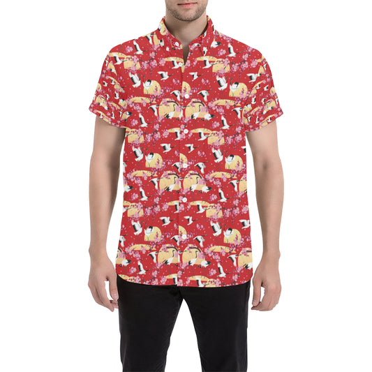 Crane Pattern Print Design 04 Men's Short Sleeve Button Up Shirt