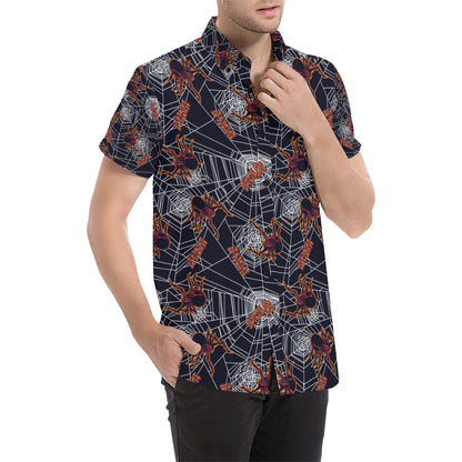 Tarantula Spiderwebs Pattern Print Design 01 Men's Short Sleeve Button Up Shirt
