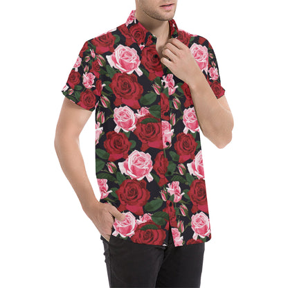 Rose Red Pink Pattern Print Design RO01 Men's Short Sleeve Button Up Shirt