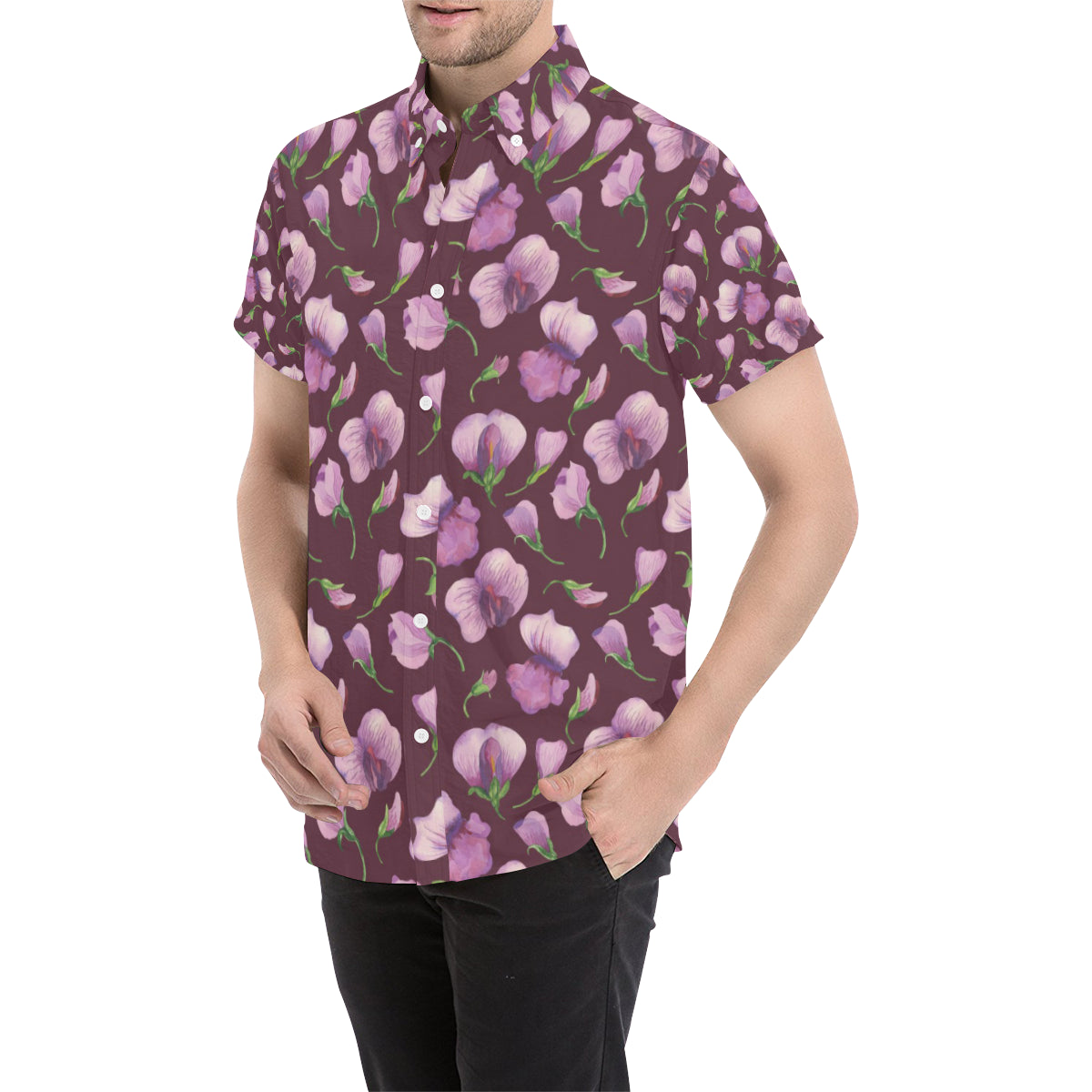 Peony Pattern Print Design PE010 Men's Short Sleeve Button Up Shirt