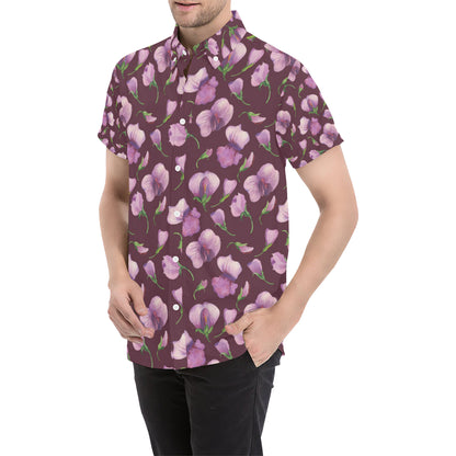 Peony Pattern Print Design PE010 Men's Short Sleeve Button Up Shirt