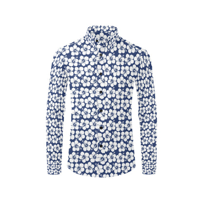 Hibiscus Blue Hawaiian Flower Pattern Men's Long Sleeve Shirt