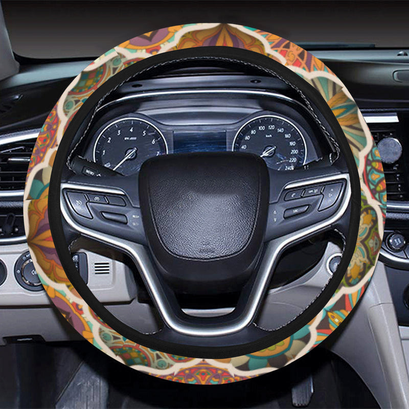 Mandala Mosaic Themed Design Print Steering Wheel Cover with Elastic Edge