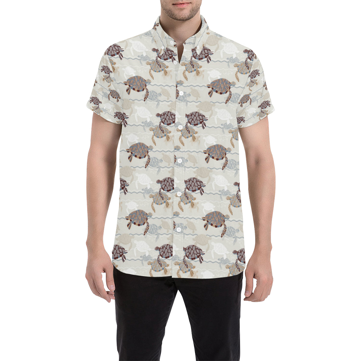 Sea Turtle Pattern Print Design T07 Men's Short Sleeve Button Up Shirt