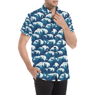 Ocean Wave Pattern Print Men's Short Sleeve Button Up Shirt