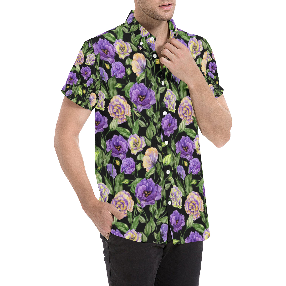 Lisianthus Pattern Print Design LT02 Men's Short Sleeve Button Up Shirt