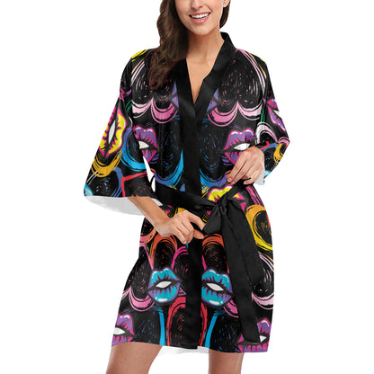 Pop Art Lip Pattern Print Design A03 Women's Short Kimono