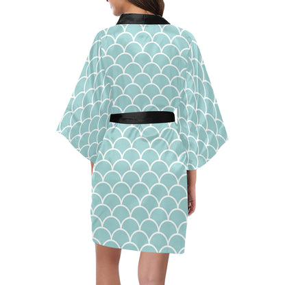 Scales Teal Pattern Print Design 02 Women's Short Kimono