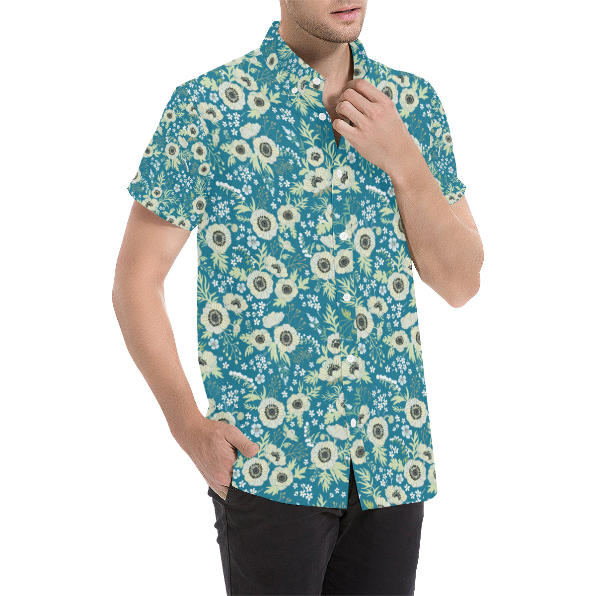 Anemone Pattern Print Design 01 Men's Short Sleeve Button Up Shirt
