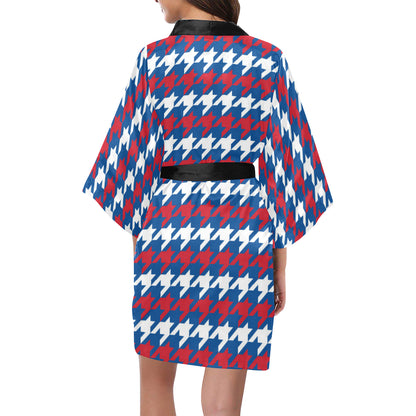 Patriotic Houndstooth Pattern Print Design A02 Women's Short Kimono