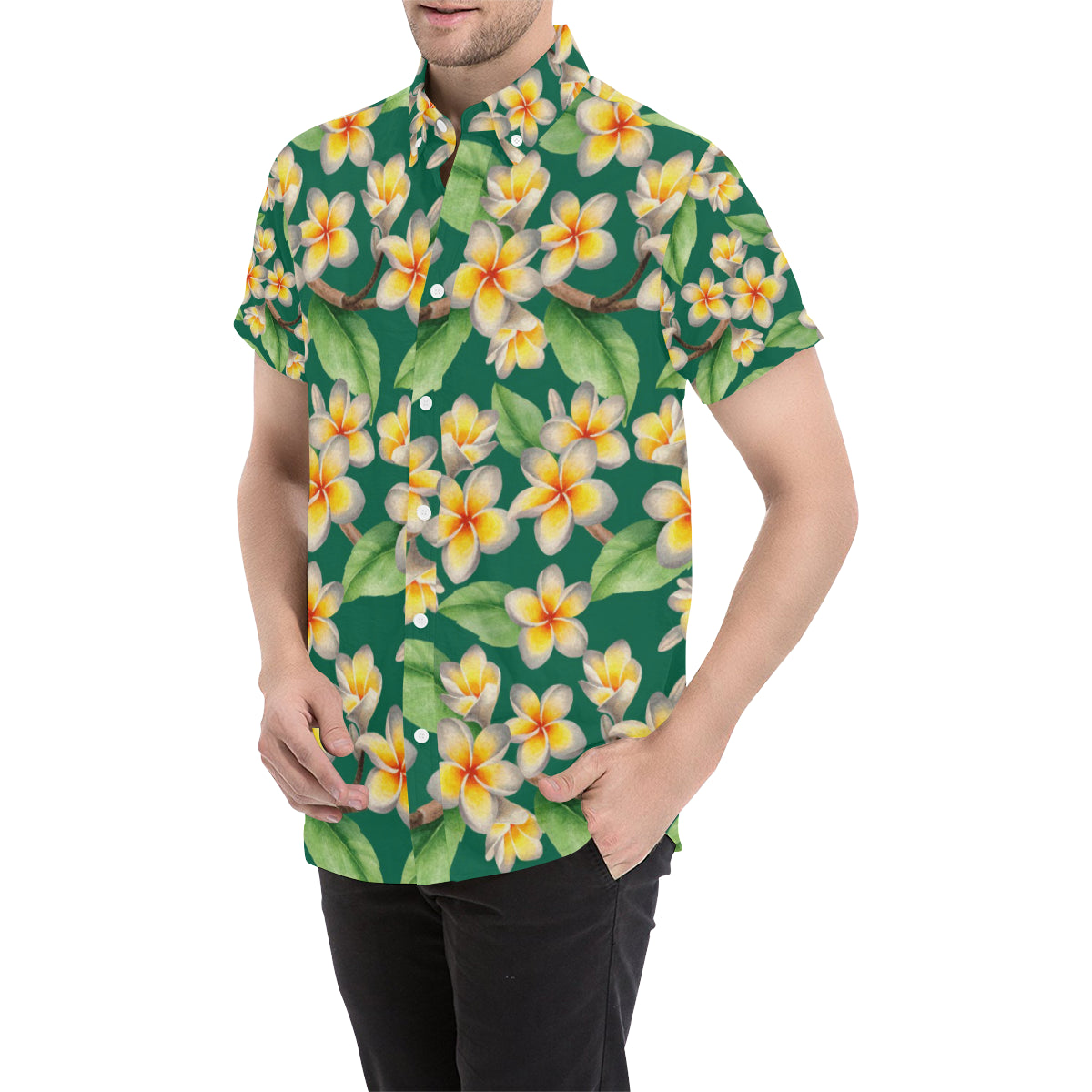 Plumeria Pattern Print Design PM07 Men's Short Sleeve Button Up Shirt