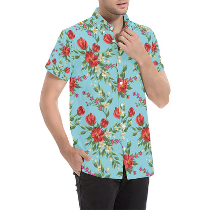 Summer Floral Pattern Print Design SF011 Men's Short Sleeve Button Up Shirt