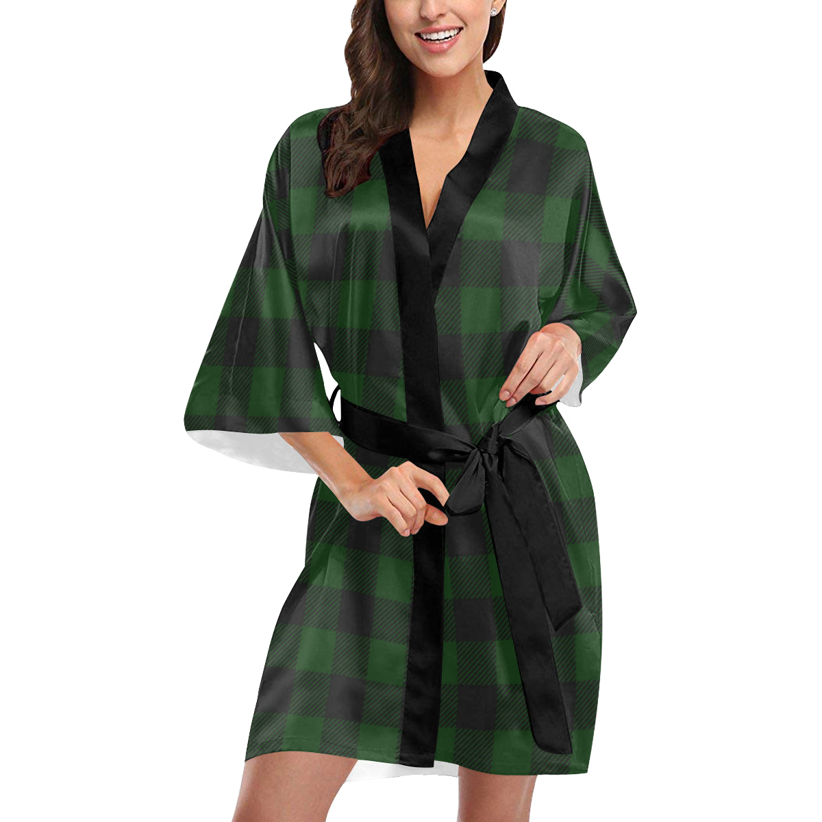 Buffalo check Green Pattern Print Design 02 Women's Short Kimono