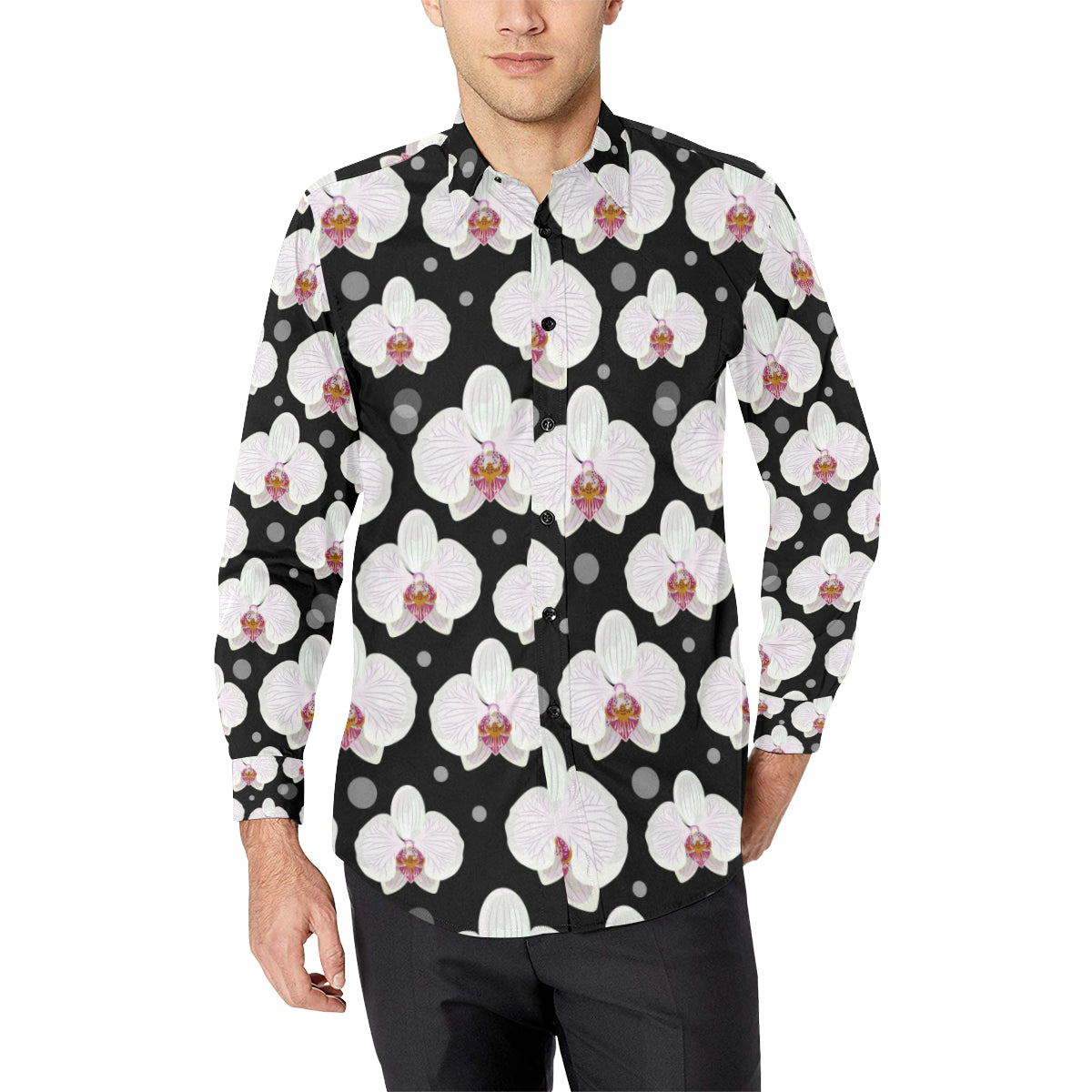 Orchid White Pattern Print Design OR09 Men's Long Sleeve Shirt