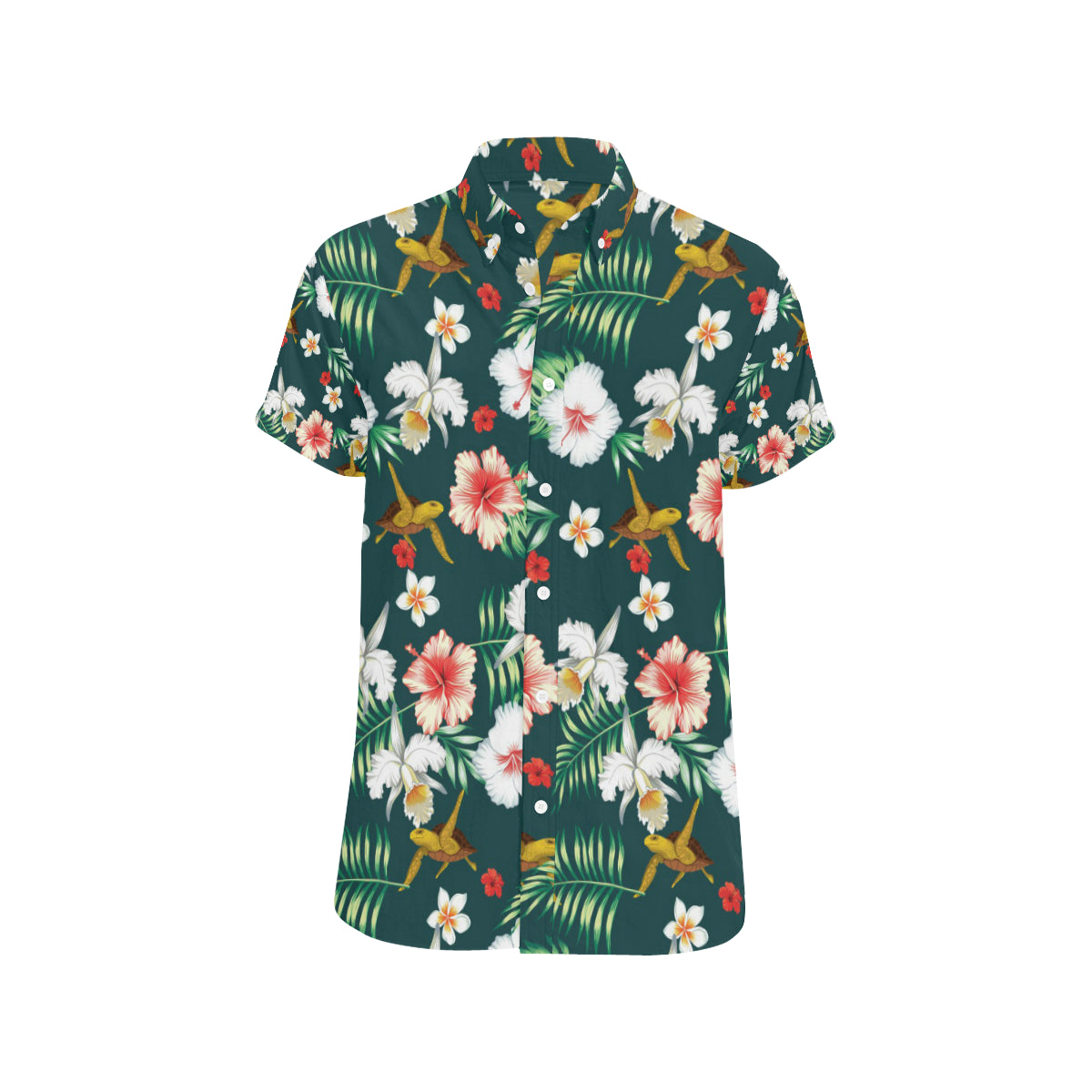 Hawaiian Flower Design with SeaTurtle Print Men's Short Sleeve Button Up Shirt
