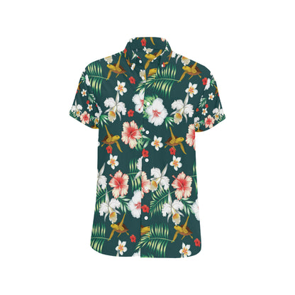 Hawaiian Flower Design with SeaTurtle Print Men's Short Sleeve Button Up Shirt