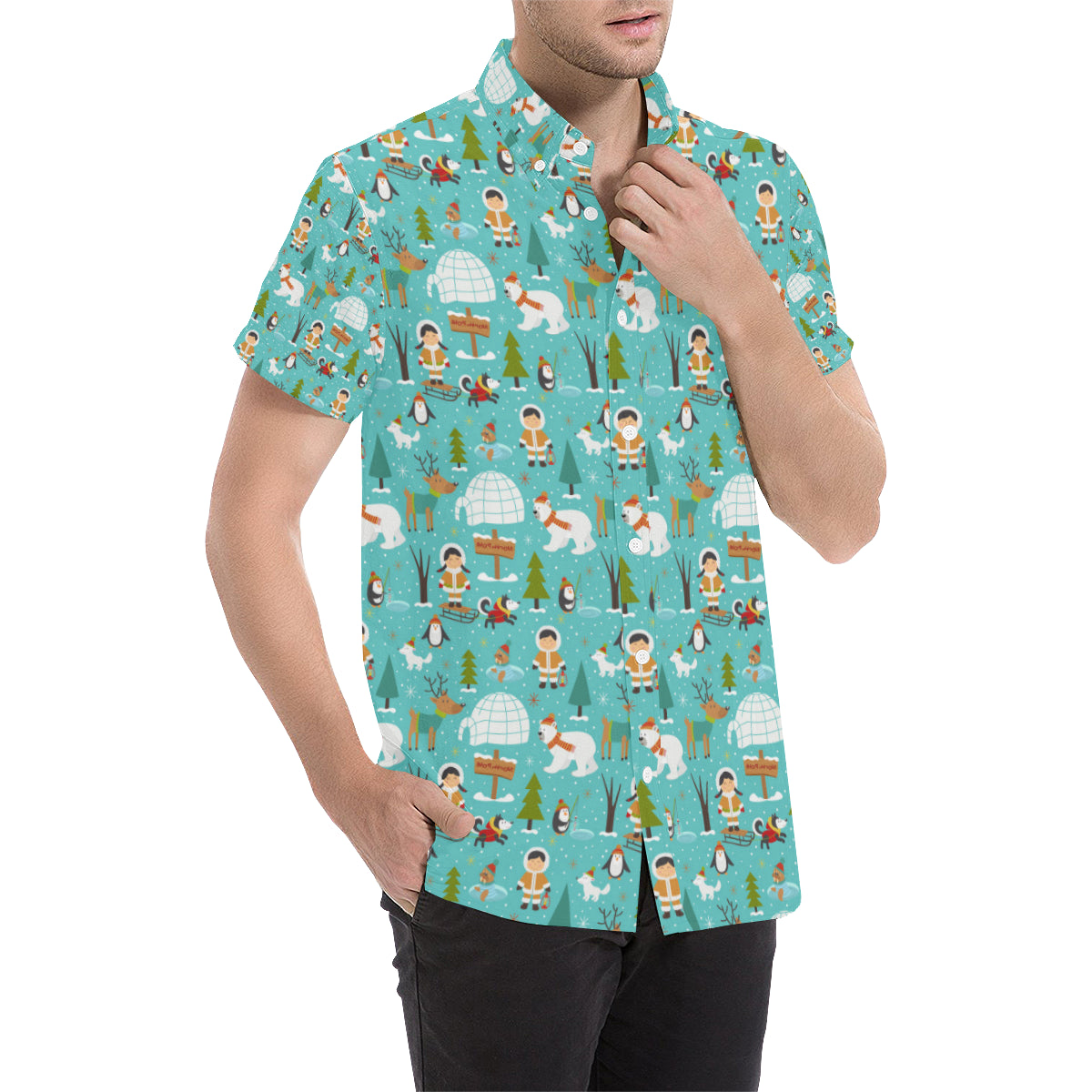 Eskimo Pattern Print Design 01 Men's Short Sleeve Button Up Shirt