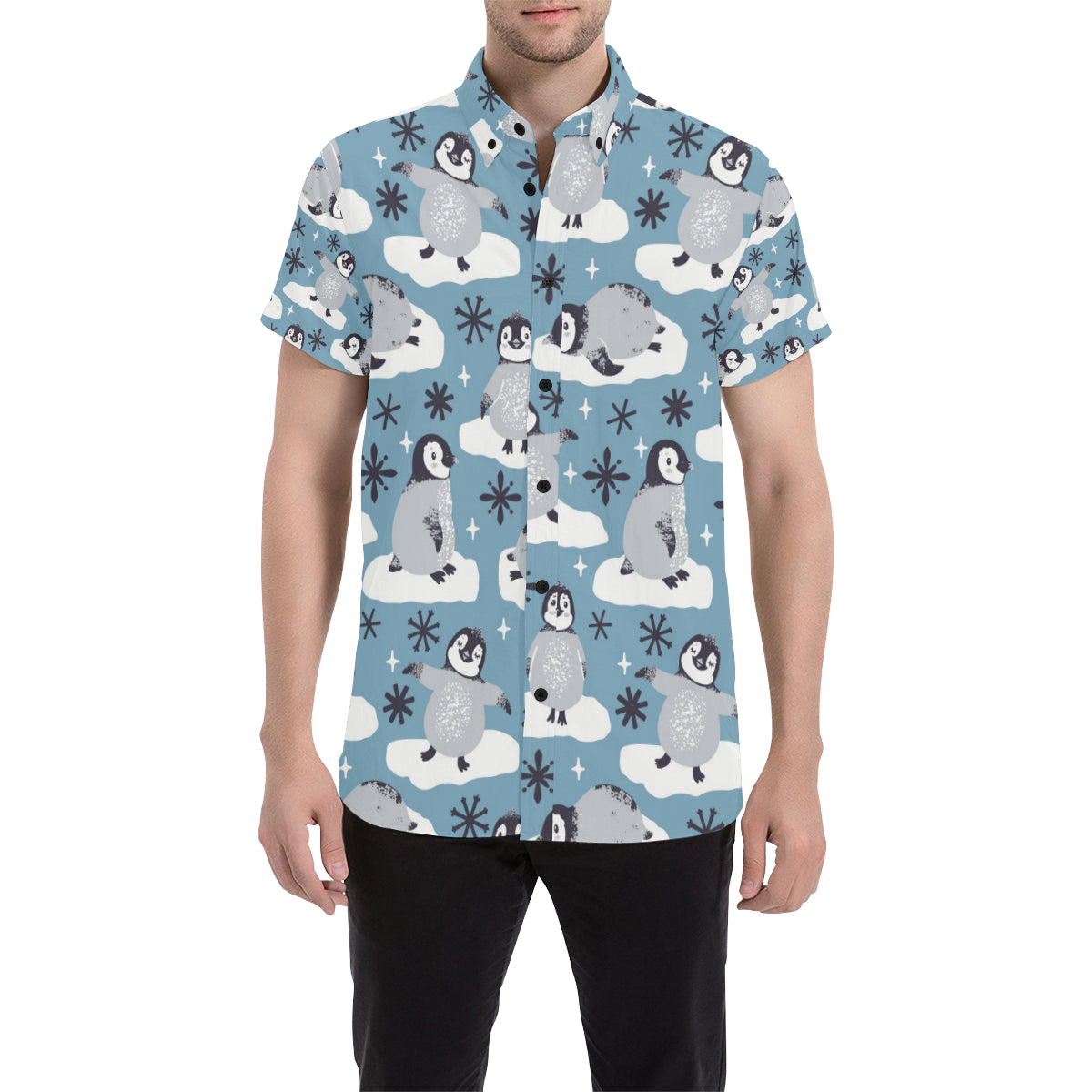 Penguin Pattern Print Design A05 Men's Short Sleeve Button Up Shirt