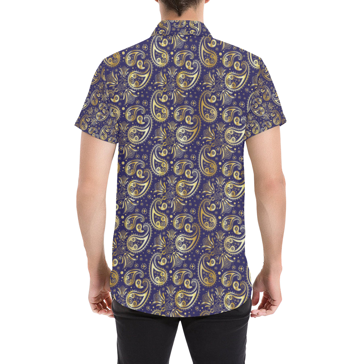 Paisley Blue Yellow Design Print Men's Short Sleeve Button Up Shirt