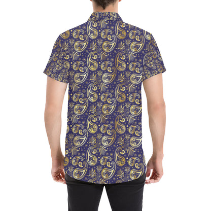 Paisley Blue Yellow Design Print Men's Short Sleeve Button Up Shirt