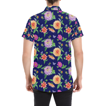 Dahlia Pattern Print Design DH010 Men's Short Sleeve Button Up Shirt