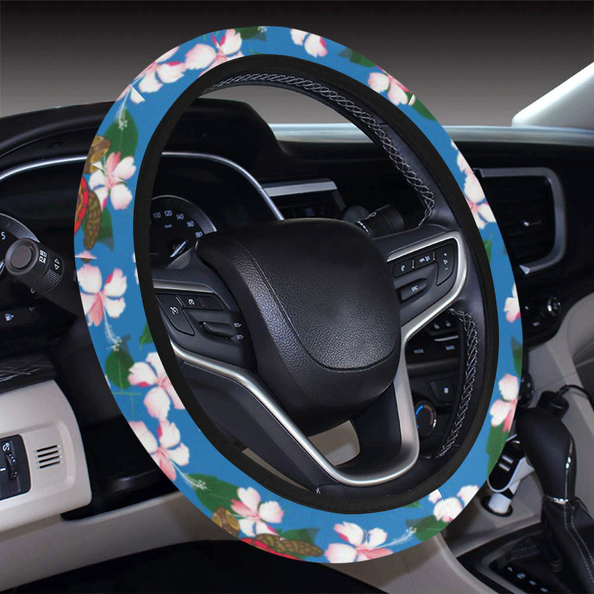 Sea Turtle Pink Hibiscus Hawaiian Print Steering Wheel Cover with Elastic Edge