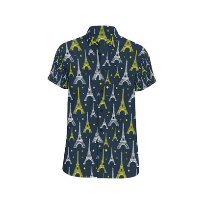 Eiffel Tower Star Print Men's Short Sleeve Button Up Shirt