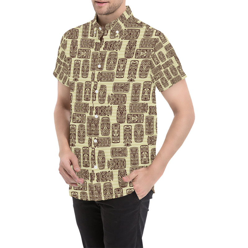 Tiki Brown Mask Print Men's Short Sleeve Button Up Shirt