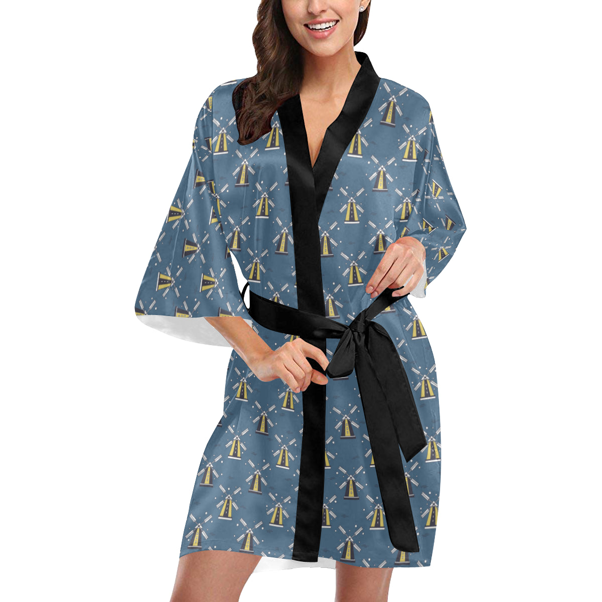 Windmill Pattern Print Design 03 Women's Short Kimono